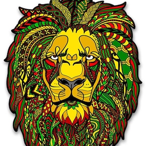 May include: A lion's head with a colorful, intricate design in red, yellow, and green. The lion's mane is made up of many different patterns and shapes.