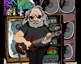 Cartoon Likeness of Jerry Garcia of The Grateful Dead Graphic Printed T-Shirt