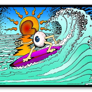 May include: A cartoon eye with a body surfs on a purple surfboard in a turquoise wave with a yellow sun setting in the background.