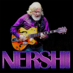 May include: An image of a musician playing a yellow and orange electric guitar. The musician is wearing a purple shirt with floral embroidery. The word "NERSHI" is displayed in purple, textured letters at the bottom of the image.