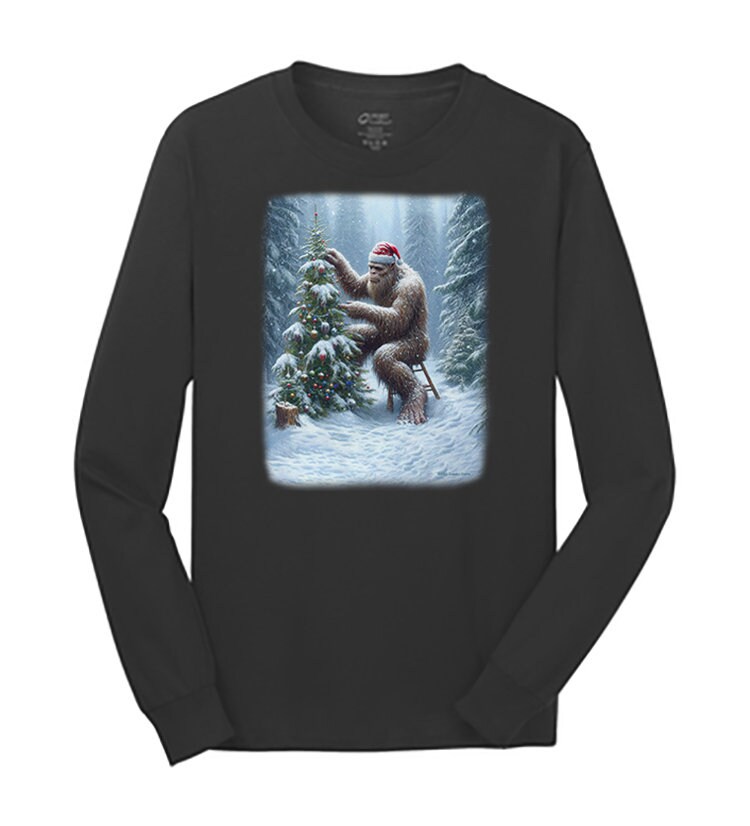 Bigfoot Christmas Long Sleeve T-shirt Lonely Sasquatch Decorating a ...