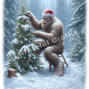 Bigfoot Christmas T-Shirt Lonely Sasquatch Decorating a Christmas Tree Wearing a Santa Hat in a Forest With Snow