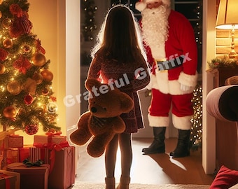 Funny Christmas Cards Little Girl With Teddy Bear Busting Santa Claus by Xmas Tree