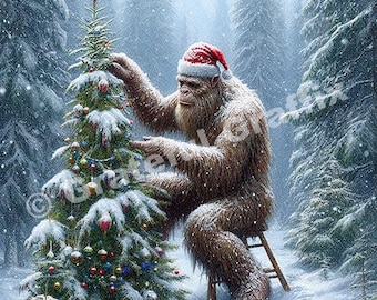 May include: A large, furry, brown creature wearing a red Santa hat decorates a Christmas tree in a snowy forest. The tree is decorated with colorful ornaments and lights.