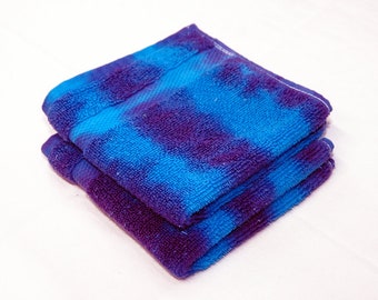 Set of 2 Large Tie-Dye Wash Cloths - Purple Blue Stripe 100% Cotton -  Hand Dyed - Nice Hotel Quality