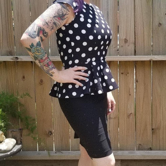 black and white polka dot peplum top