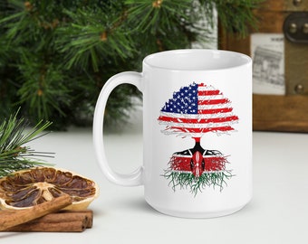 Kenyan American Roots Coffee Mug: Kenya USA Flag Gift
