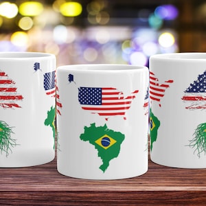 Brazil Brasil Immigrant Roots Tee Coffee Mug Cup | Brazil USA Flag | Brazilian American | US Naturalization Christmas Birthday Ceremony Gift