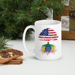 Ethiopia Immigrant Roots Tee Coffee Mug Cup | Ethiopia USA Flag | Ethiopian American | US Naturalization Christmas Birthday Ceremony Gift