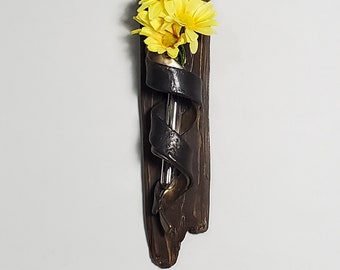 Handmade Ceramic Wall Flower Vase: Distressed Wood & Twisted Clay