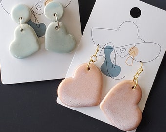 Ceramic Heart Earrings, Ceramic Earrings, Hanging Drop Earrings, Hypoallergenic Earrings, Handmade Ceramic Pink & Green Heart Shape Earrings
