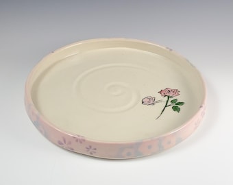 Pink Butterfly Pottery Platter: Large Floral Serving Tray, Handmade