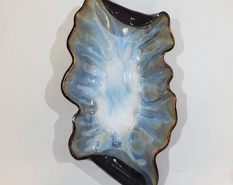 Handmade Wavy Blue Pottery Bowl: Decorative Ceramic Serving Dish