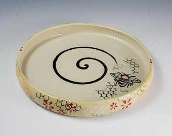Yellow Floral Pottery Platter: Handmade Bee Serving Tray (9.5"Dia)