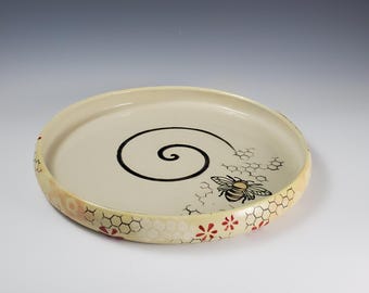 Handmade Bee Pottery Platter: Yellow Floral Serving Tray (10.25" Dia)
