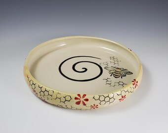 Handmade Bee Pottery Platter: Yellow Floral Serving Tray (9"Dia)