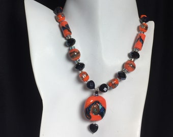 Burnt orange lampwork glass necklace upcycled with vintage aventurine beads. Repurposed eco friendly jewelry. Special occasions Holiday gift