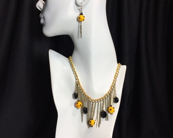 Polka dot jewelry set with dangling chains and lampwork glass beads Bright yellow necklace and earrings Resort summer party jewelry for her