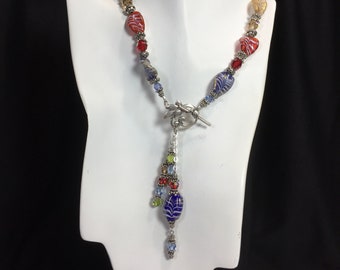 Handmade lampwork glass lariat with sterling silver findings and Swarovski crystals Assorted colors Statement necklace Special occasion
