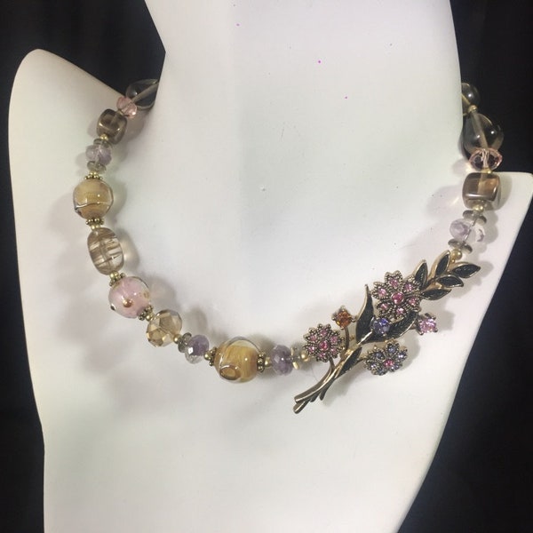 Woodland pastel floral lampwork choker upcycled with vintage crystal pendant Repurposed eco friendly jewelry Romantic wedding necklace