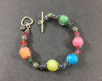 Bright colors lampwork glass bracelet with Swarovski crystals and sterling silver findings