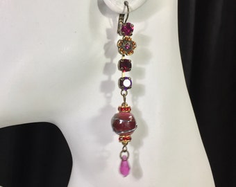 Red and purple crystal chandeliers upcycled with burgundy lampwork beads Repurposed eco friendly jewelry Bohemian dangle Statement occasions