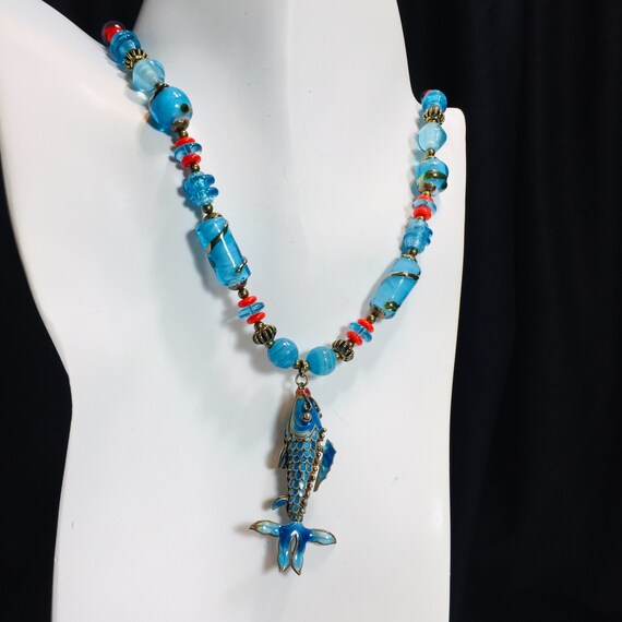 Aqua blue vintage Cloisonné FISH necklace upcycle… - image 3