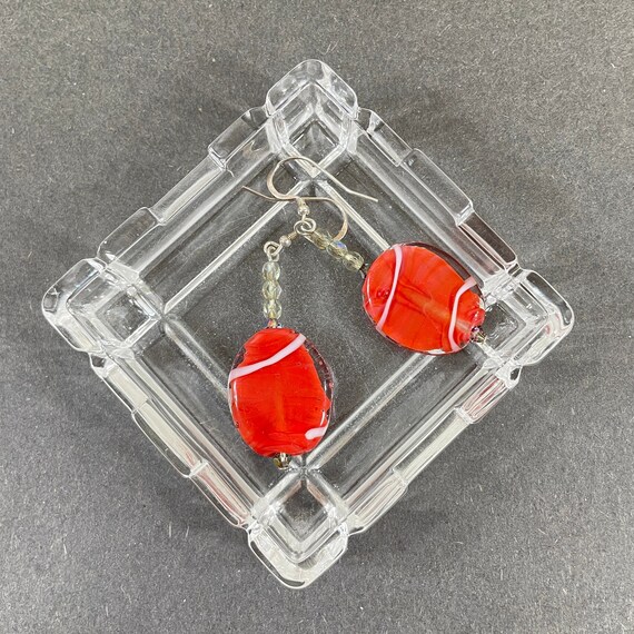 Coral red handmade oval lampwork glass dangle ear… - image 3