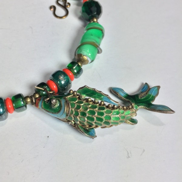 Emerald green vintage Cloisonné FISH choker upcycled with handmade lampwork beads Repurposed eco friendly jewelry Nature inspired woodland