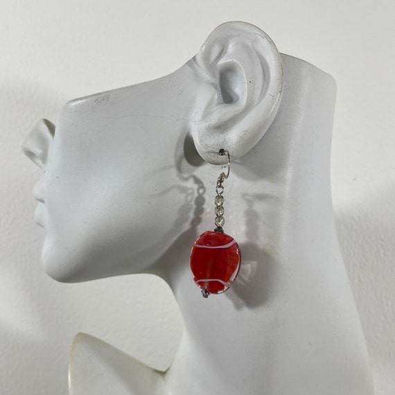 Coral red handmade oval lampwork glass dangle ear… - image 5