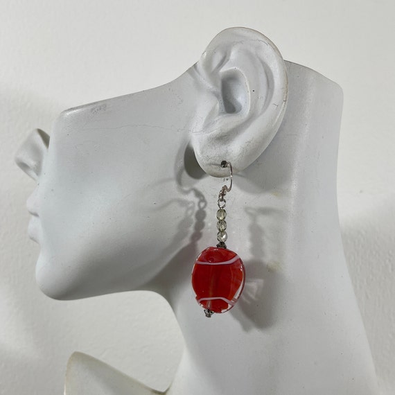 Coral red handmade oval lampwork glass dangle ear… - image 9