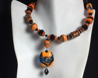 Woodland burnt orange lampwork glass choker upcycled with vintage ceramic and black glass beads Repurposed eco friendly jewelry BOHO jewelry