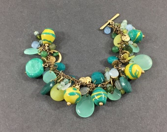 Teal/chartreuse handmade upcycled lampwork glass charm bracelet Repurposed eco friendly jewelry