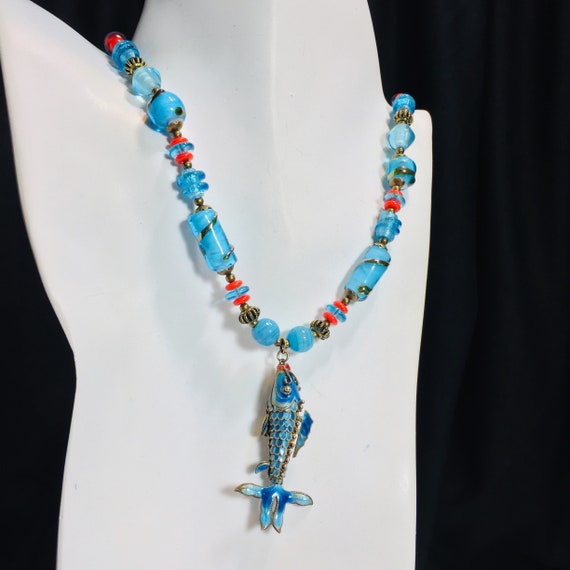 Aqua blue vintage Cloisonné FISH necklace upcycle… - image 1