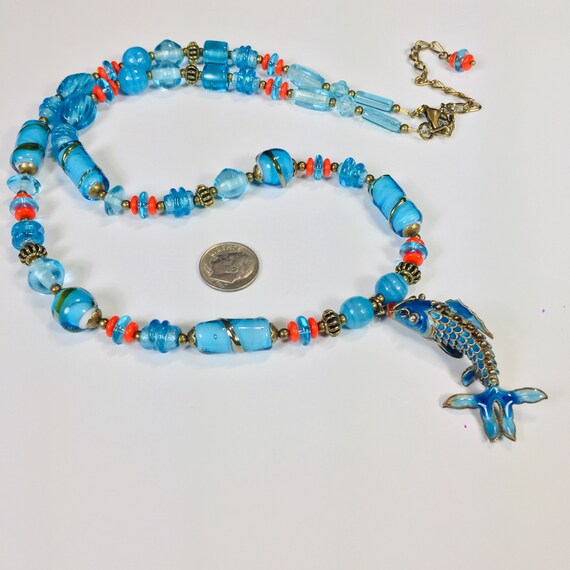 Aqua blue vintage Cloisonné FISH necklace upcycle… - image 6