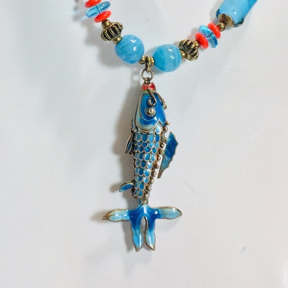 Aqua blue vintage Cloisonné FISH necklace upcycle… - image 4