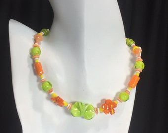 Floral lampwork glass necklace Multi color choker Spring fashion Resort ware  jewelry Valentine's Day Chartreuse green, orange, yellow glass