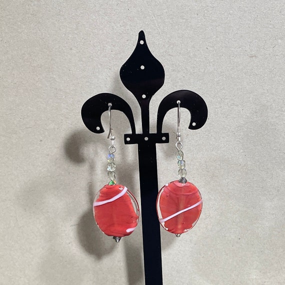 Coral red handmade oval lampwork glass dangle ear… - image 7