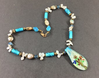 Lampwork glass floral necklace with pearl and crystal beads and gold filled findings