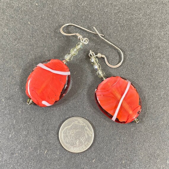 Coral red handmade oval lampwork glass dangle ear… - image 10