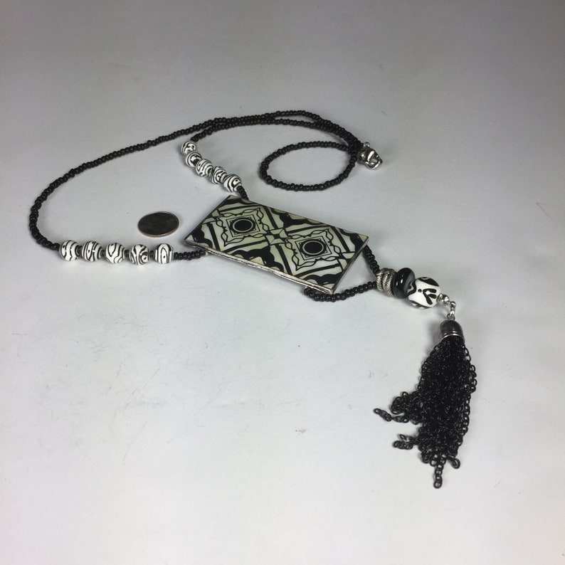 Black and white lampwork glass necklace upcycled with vintage oversized pendant with chain tassel Repurposed eco friendly statement jewelry image 2