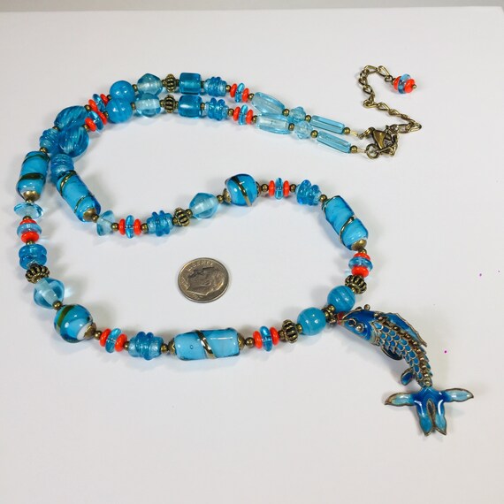 Aqua blue vintage Cloisonné FISH necklace upcycle… - image 10