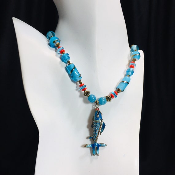 Aqua blue vintage Cloisonné FISH necklace upcycle… - image 5