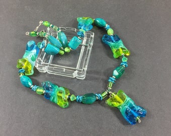 Aqua/green lampwork beads necklace with pearl chips and vintage glass beads