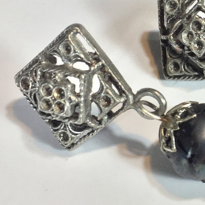 Geometric filigree lampwork glass earrings upcycled with vintage posts Repurposed eco friendly jewelry Anniversary Birthday gift for her