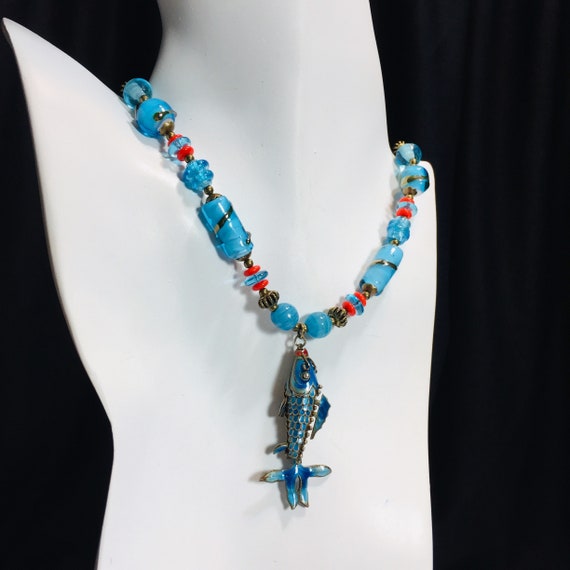 Aqua blue vintage Cloisonné FISH necklace upcycle… - image 9