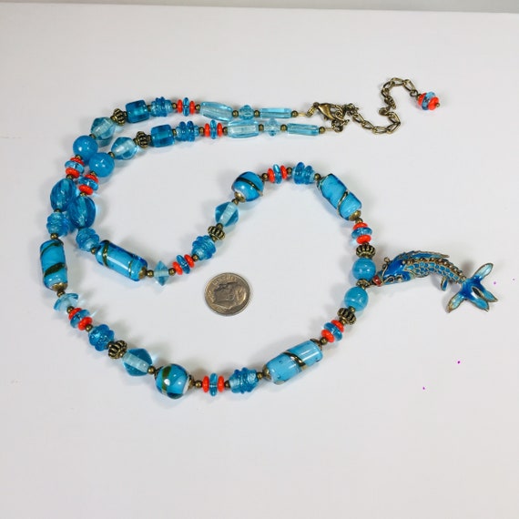 Aqua blue vintage Cloisonné FISH necklace upcycle… - image 2