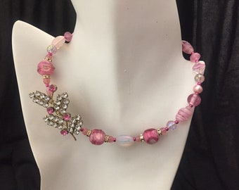 Romantic lampwork glass choker upcycled with vintage crystal pendant Repurposed eco friendly jewelry Pink wedding Engagement gift for her