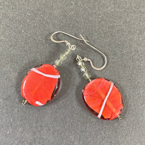 Coral red handmade oval lampwork glass dangle ear… - image 6