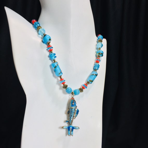Aqua blue vintage Cloisonné FISH necklace upcycle… - image 7